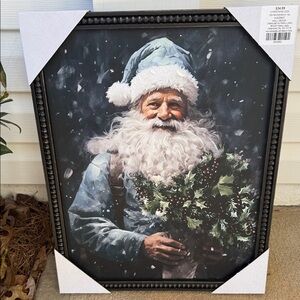 Santa Claus Framed Art with Holly - NWT